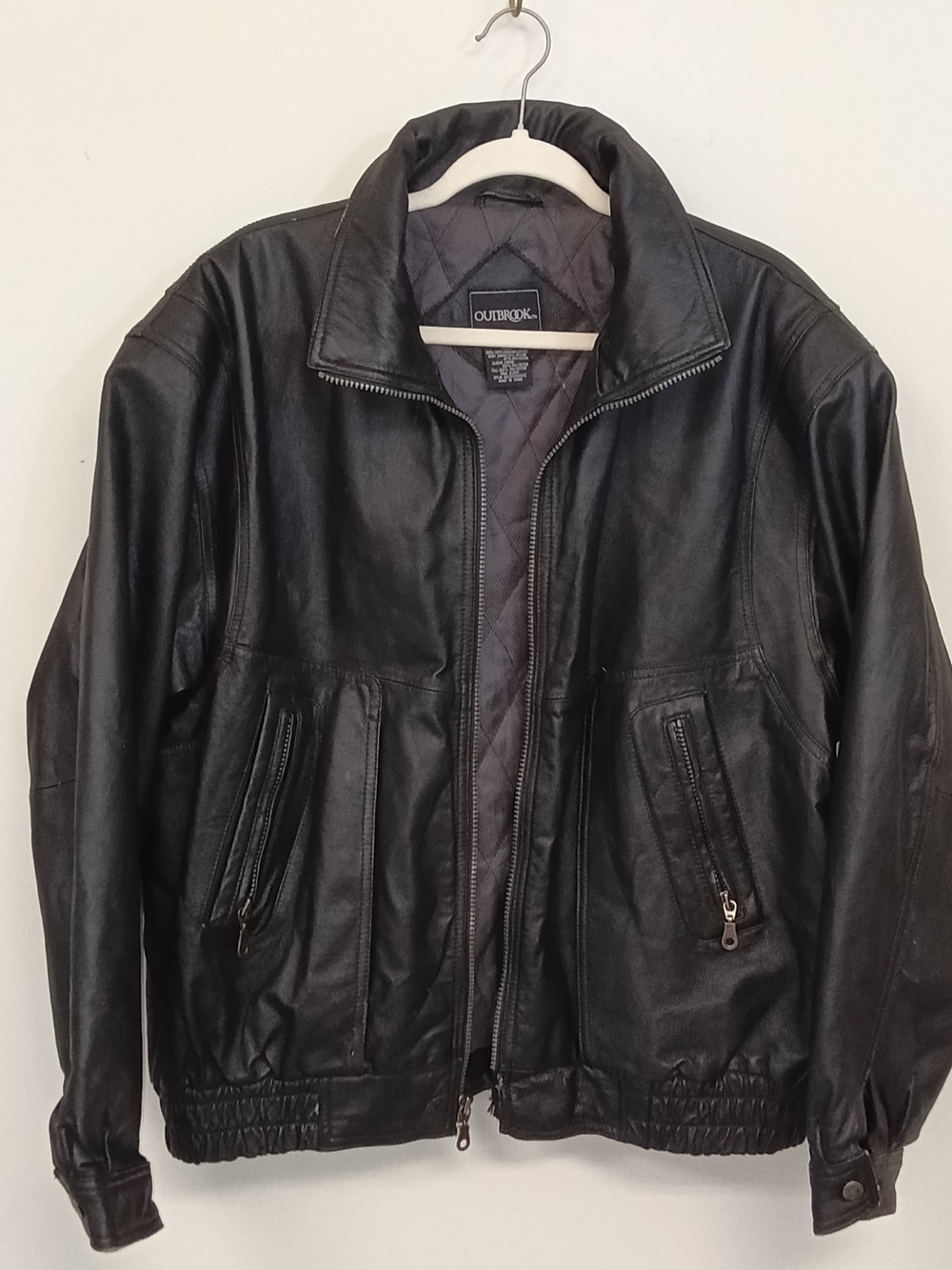 Vintage Outbrook Black Leather Bomber Heavyweight Zip Jacket Unisex Large *FLAW*